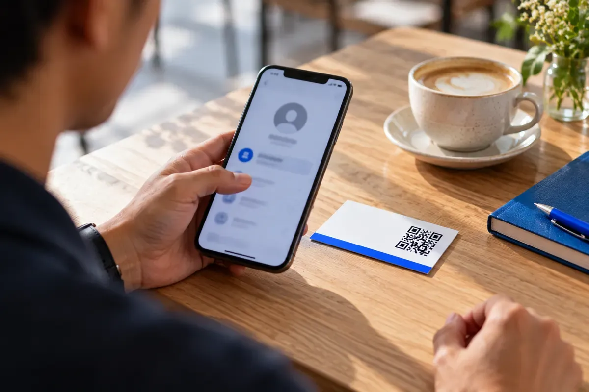 A hand holds a phone over a business card with a QR code, and the phone shows a contact preview