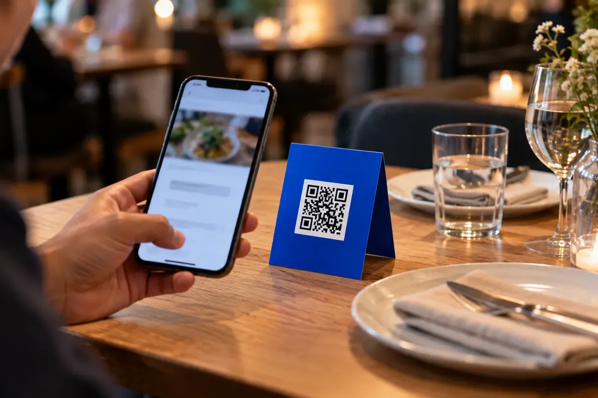 A hand holds a smartphone over a table tent card with a QR code on a restaurant table