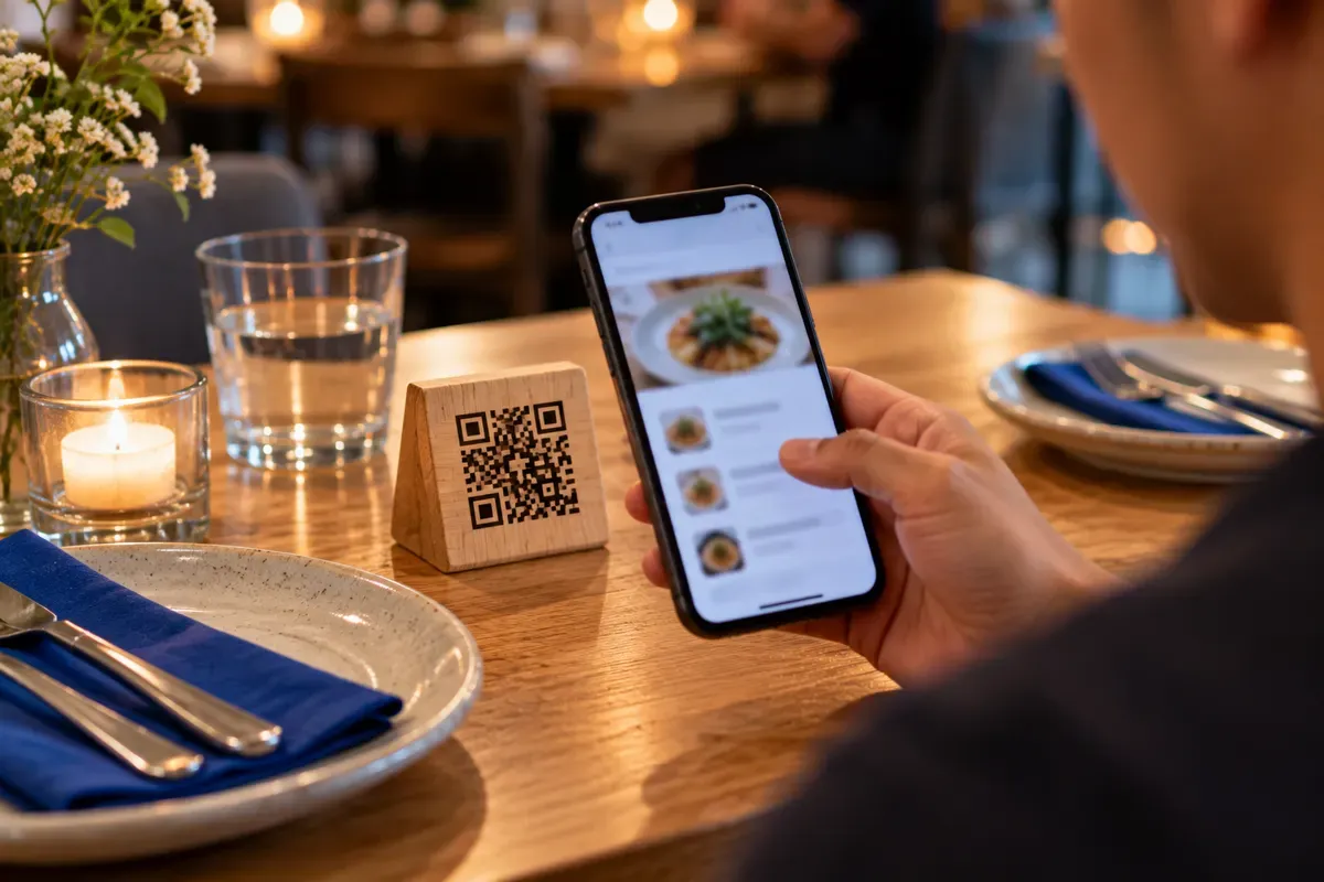 A hand holding a phone over a wooden restaurant table block with a printed black and white QR code on it