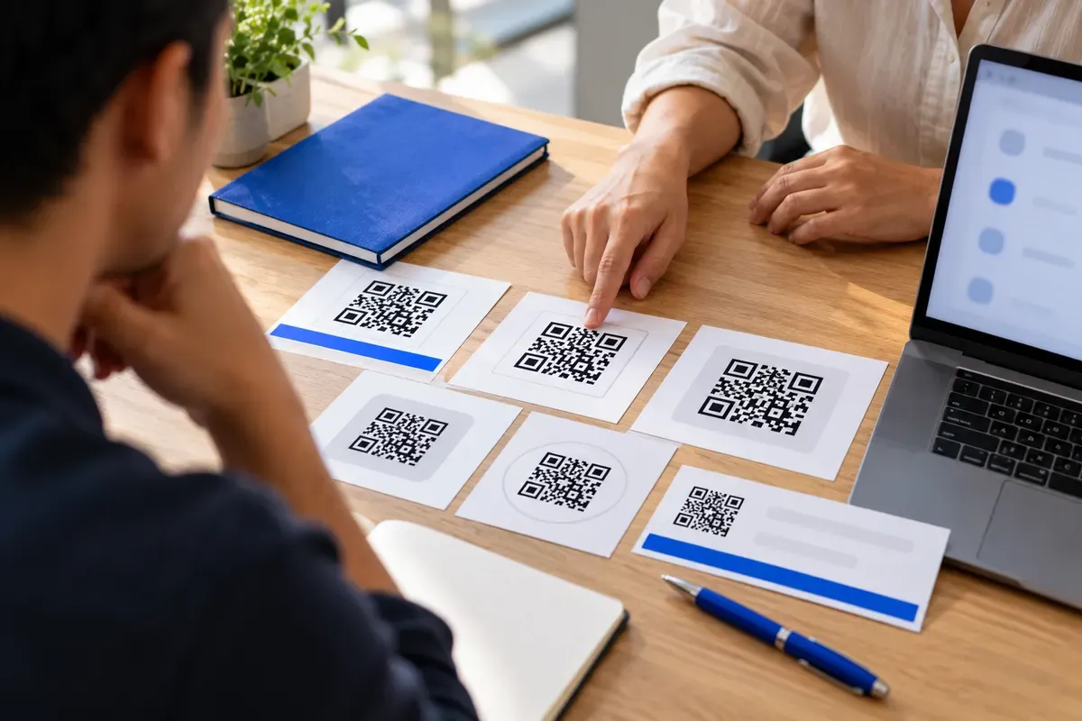 Two designers at a shared desk review printed QR code samples for different client projects, with a laptop open beside them