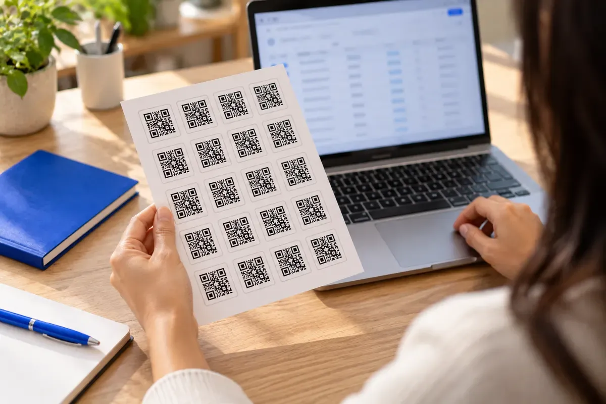 A hand holding a printed sheet of small square QR code labels above a laptop that shows a blurred spreadsheet