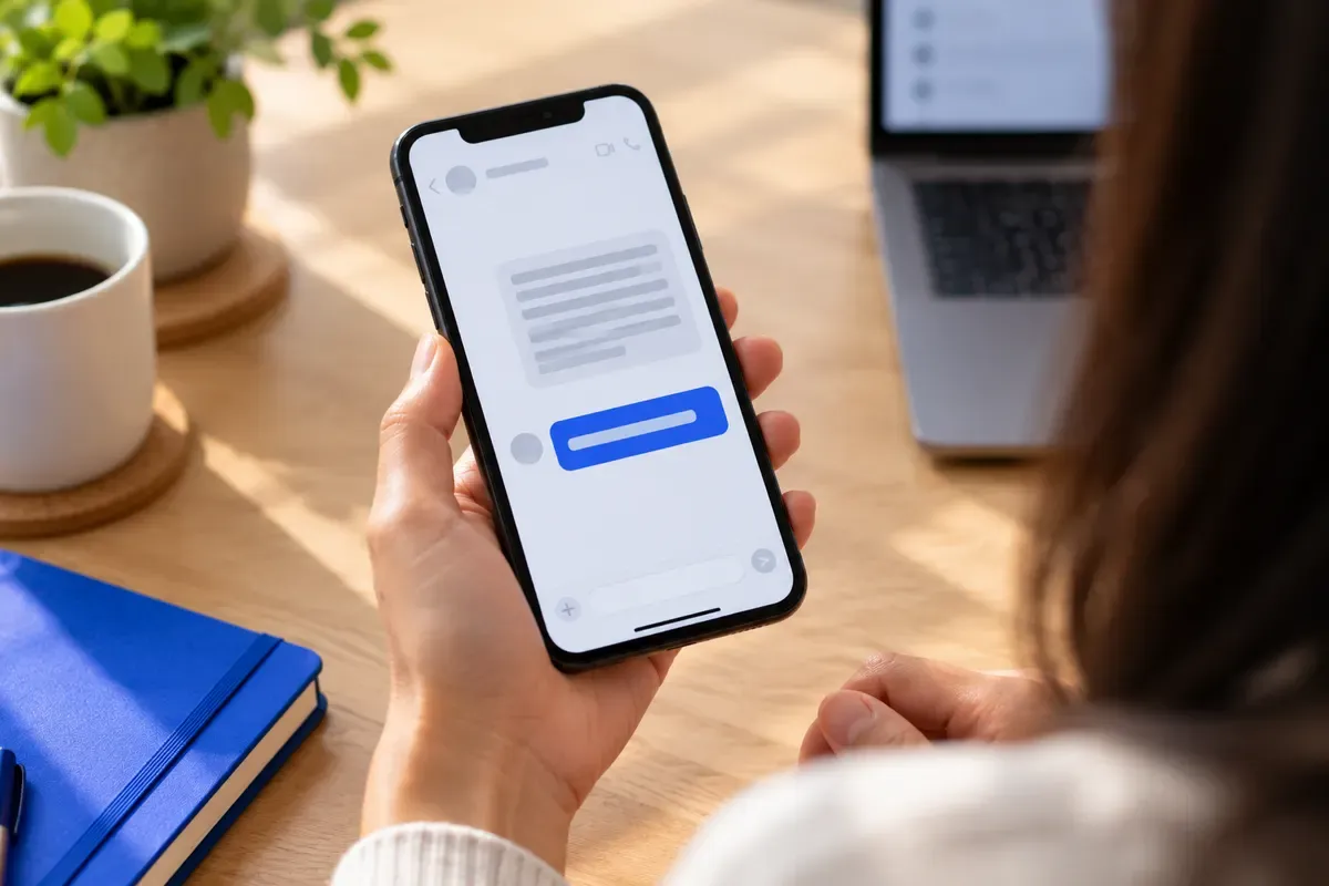 Two text messages on a phone held over a light wood table, one with a long random-looking link and one with a short tidy link, no readable text
