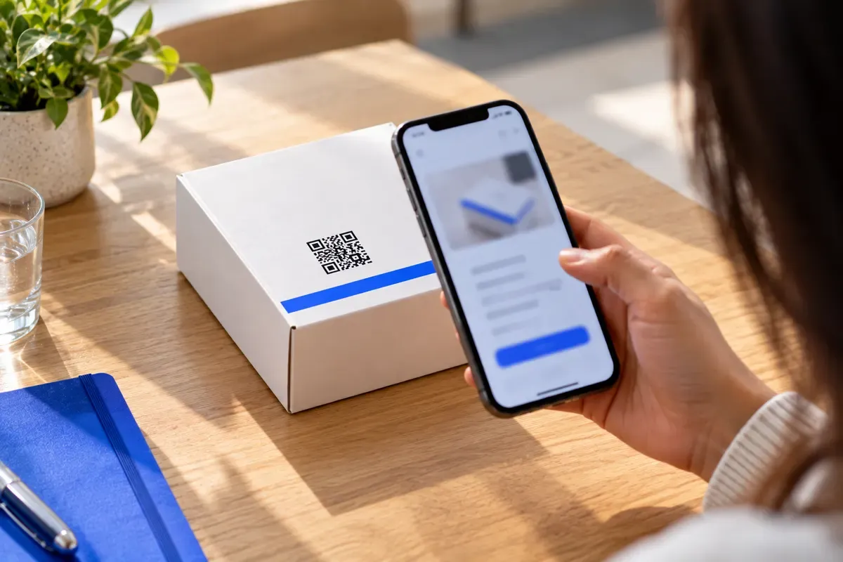 A hand holds a phone toward a QR code on a product carton on a light wooden table