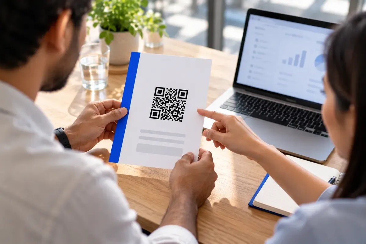 Two coworkers at a light wood table reviewing a printed flyer with a QR code on a laptop screen