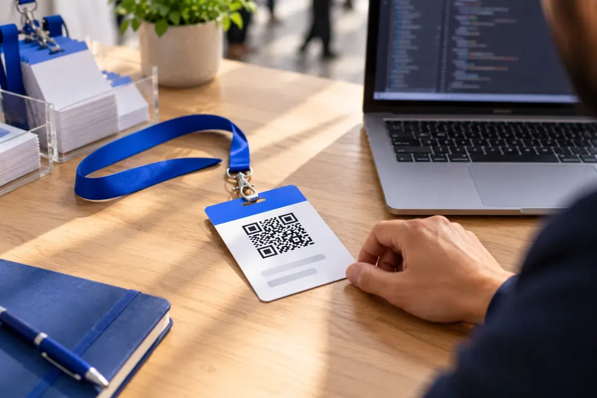 A laptop with a blurred code editor next to a printed event badge that carries a QR code
