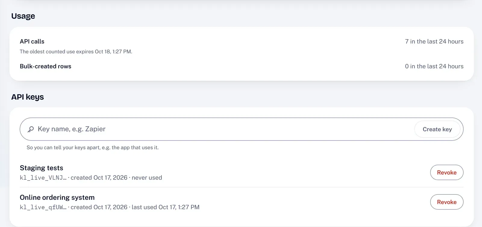 KeptLink workspace settings: API calls and bulk rows used in the last 24 hours, and two API keys