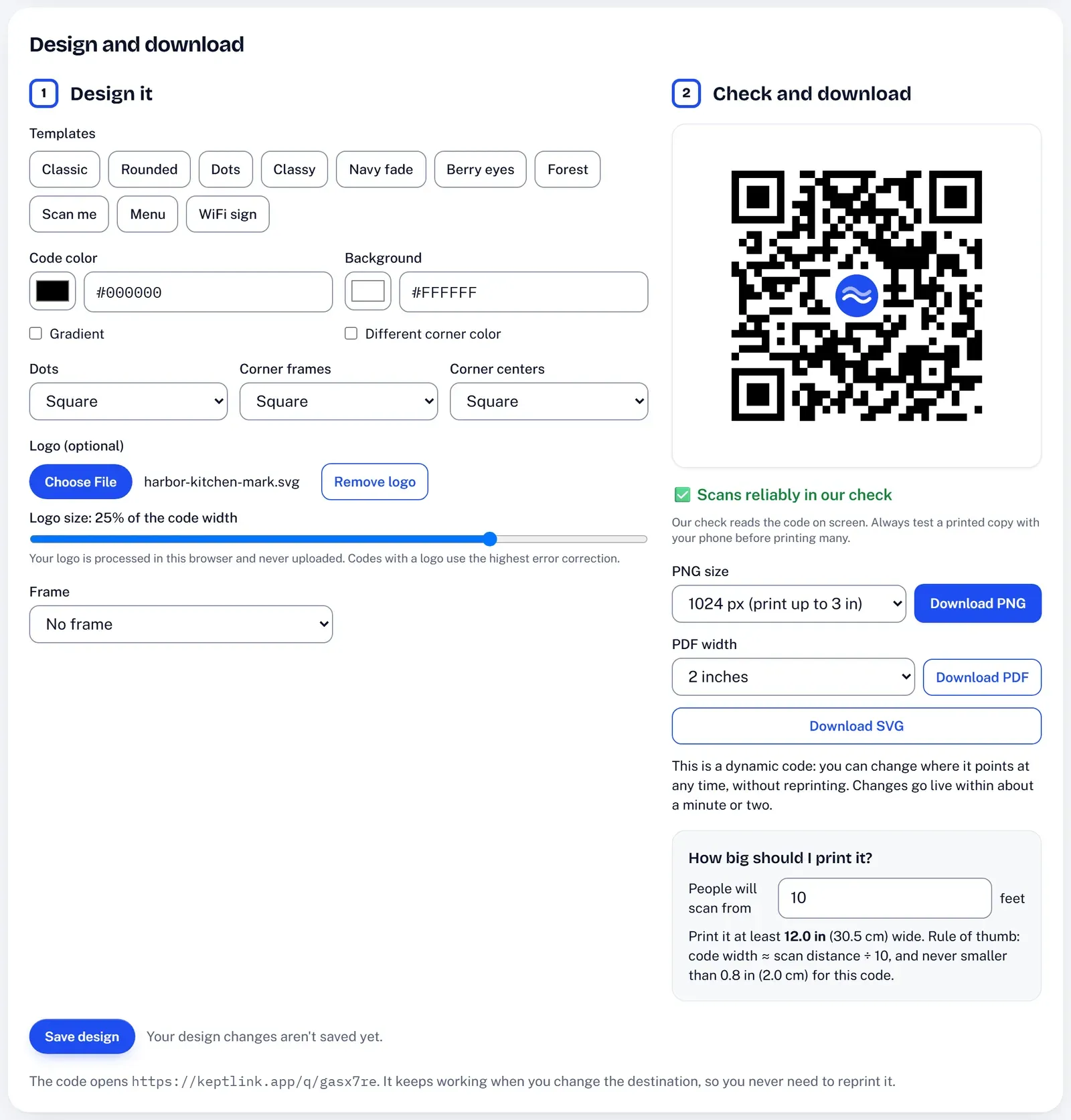The KeptLink QR designer with a round logo in the middle of the code, the logo size set to 25% of the code width, and the status: Scans reliably in our check