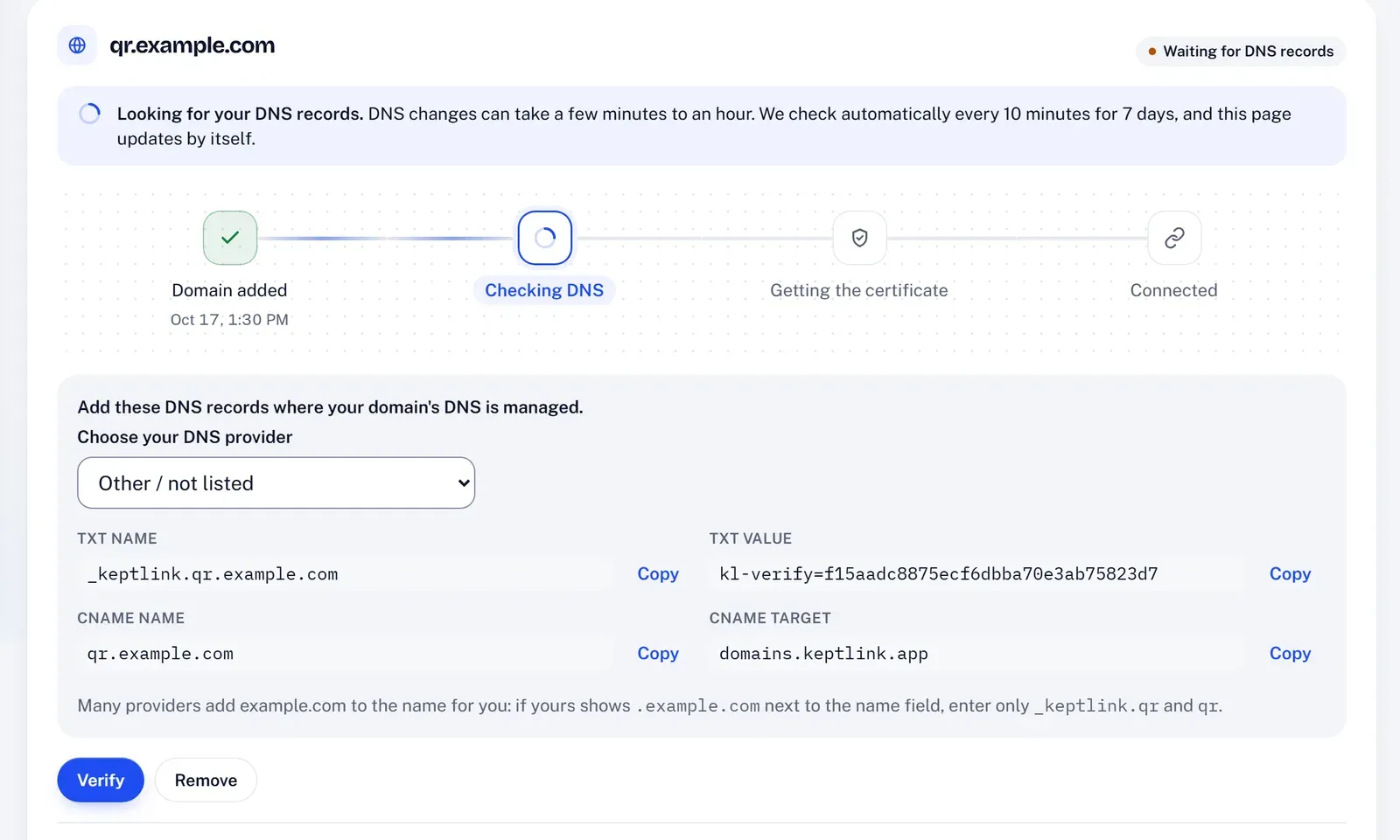 The KeptLink Domains screen after adding qr.example.com: setup progress and the TXT and CNAME records to add