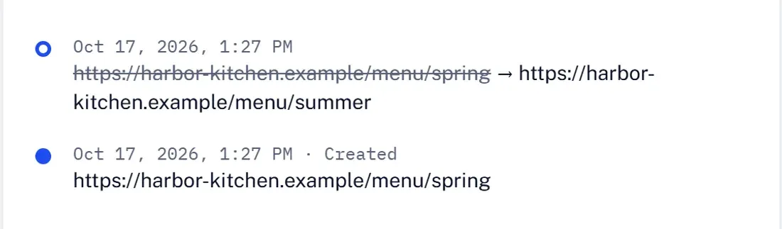 The link history: created with the spring menu address, then changed to the summer menu address
