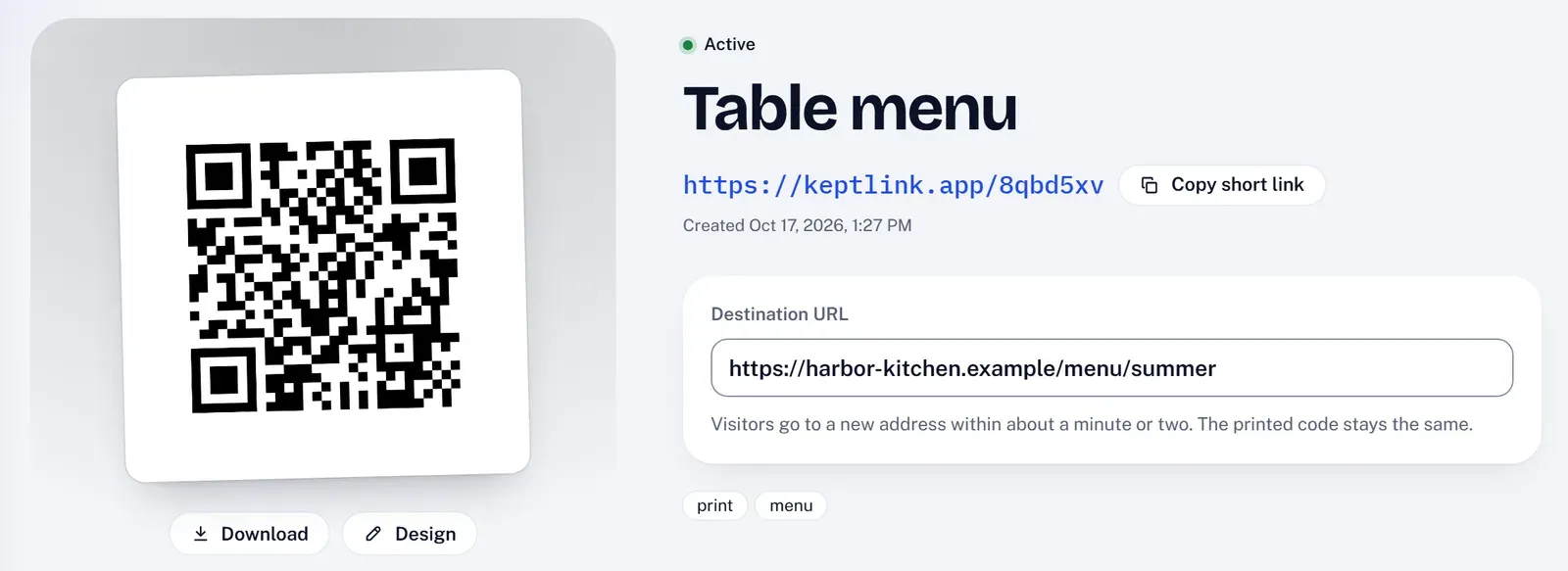 A KeptLink link page: the QR code, a keptlink.app short link, and the destination URL field set to a summer menu page