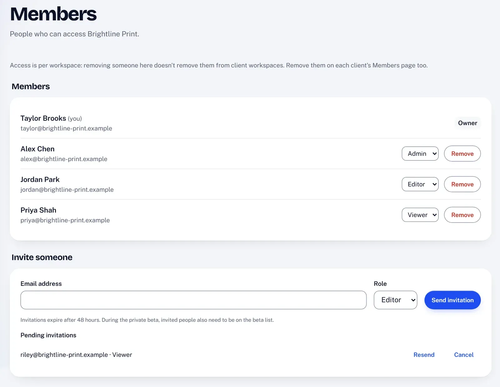 The KeptLink Members screen: an owner, an admin, an editor and a viewer, and one pending invitation