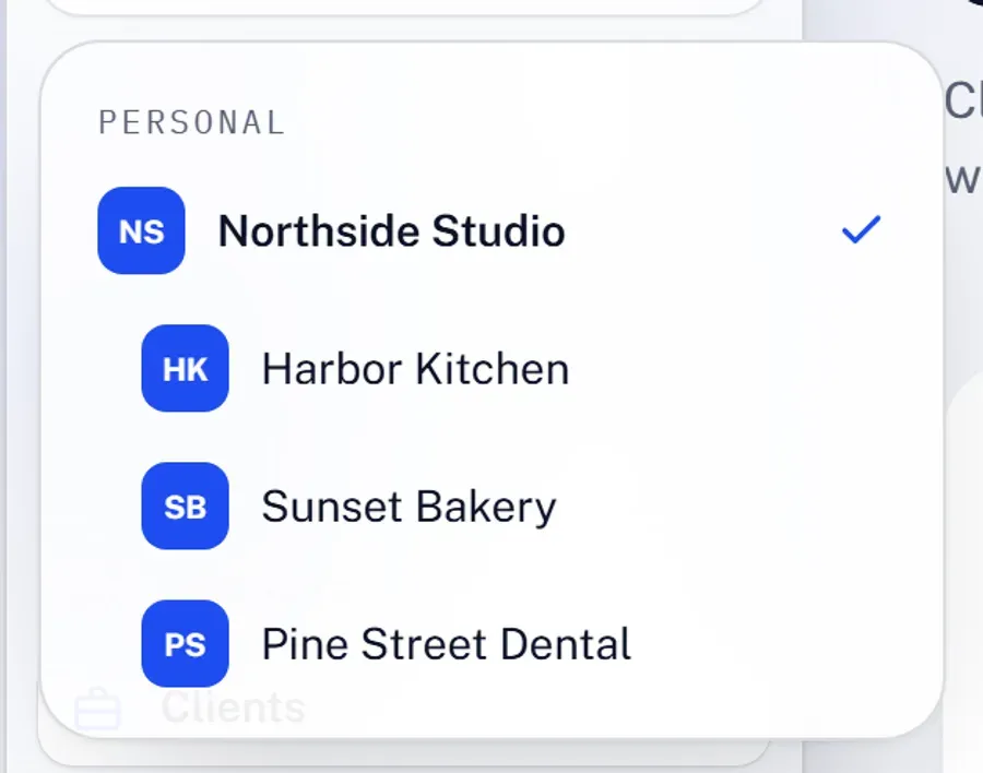 The KeptLink workspace switcher listing an agency workspace and three client workspaces under it